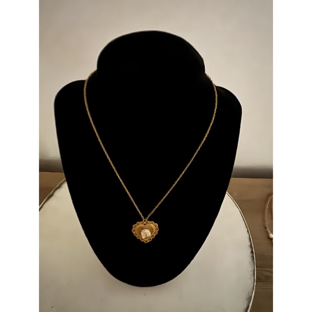 1928 Rose And Heart Pendant Necklace Romantic 18" Gold-tone Chain